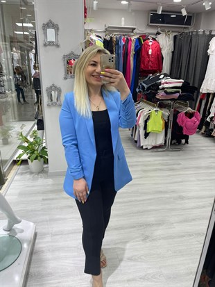 Kadın İndigo Mavi  Kol Büzgülü Blazer Ceket 