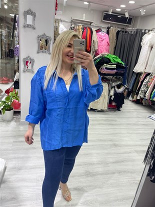 Kadın Saks Mavi Tensel Omzu Düşük Oversize Gömlek