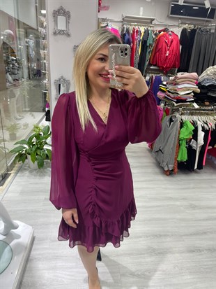 Vişne Çürüğü Rengi  Yandan Düğme Detaylı  Uzun Kollu Şifon Elbise 